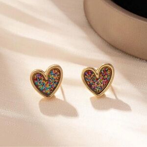 Gold Heart Stud Earrings with Multicolor Glitter